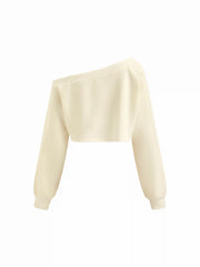 Two Piece Terry Asymmetrical Neck Crop Sweatshirt With Striped Tank Top