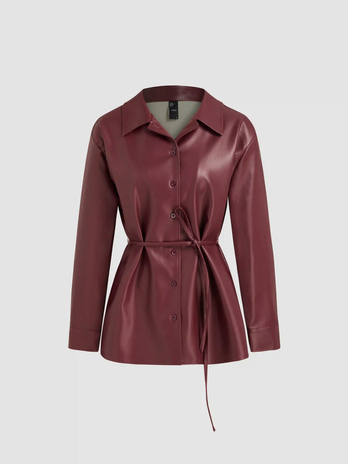 Faux Leather Collar Solid Button Jacket With Belt