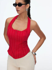 Striped Halter Neckline Lace Trim Corset Cami Blouse