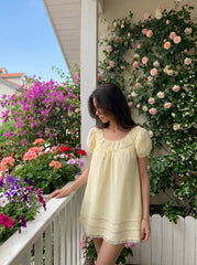 Cotton-blend Lace Trim Bowknot Puff Sleeve Mini Babydoll Dress