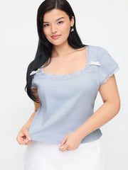 Cotton Square Neck Lace Bowknot Pointelle Top Curve & Plus