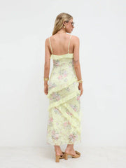 Lace V-neck Floral Ruffle Maxi Dress