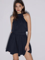 Asymmetrical Neck Mid Rise Flared Mini Dress