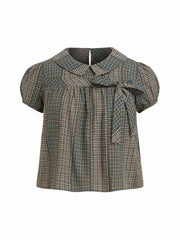 Cotton-blend Peter Pan Collar Check Bowknot Oversized Blouse Curve & Plus