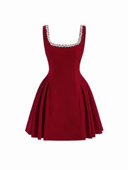 Velvet Square Neck Rhinestone Detail Pleated Mini Dress