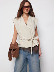 Linen-blend V-neck Wrap Belted Oversized Blazer Vest