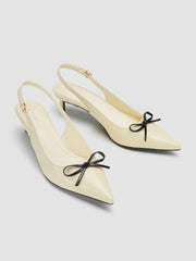 TWO-TONE BOW POINTED-TOE SLINGBACK FAUX LEATHER KITTEN HEELS