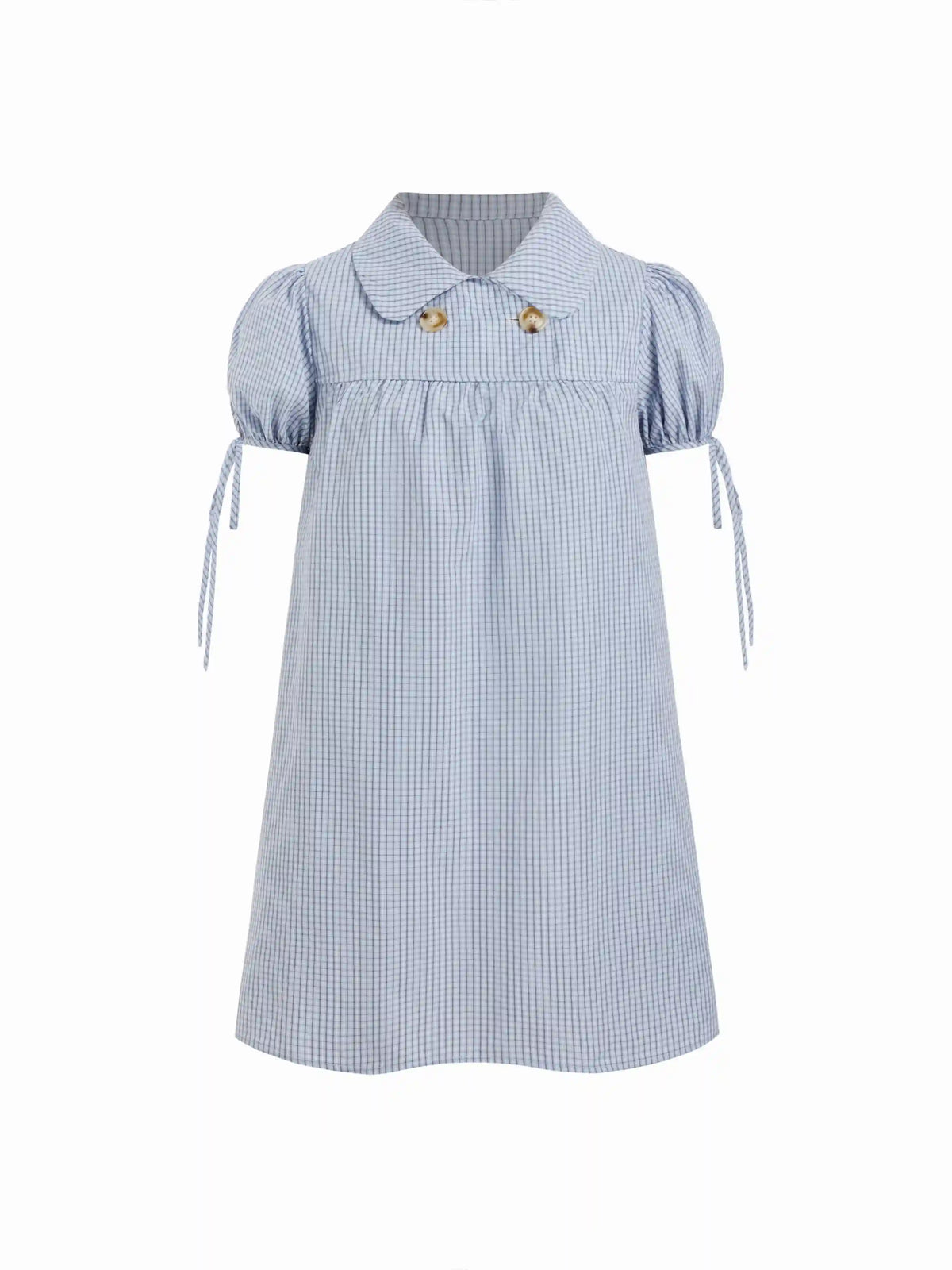 Cotton-blend Peter Pan Collar Puff Sleeve Check Smock Drawstring Mini Dress
