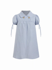 Cotton-blend Peter Pan Collar Puff Sleeve Check Smock Drawstring Mini Dress