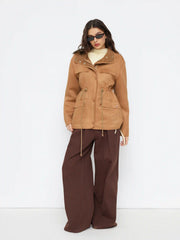 Faux Shearling Collar Drawstring Zip Through Longline Oversized Jacket