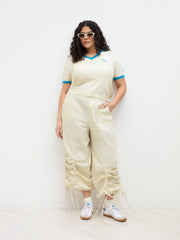 Knit V-neck Contrasting Binding Mid-length Sleeve Top Curve & Plus