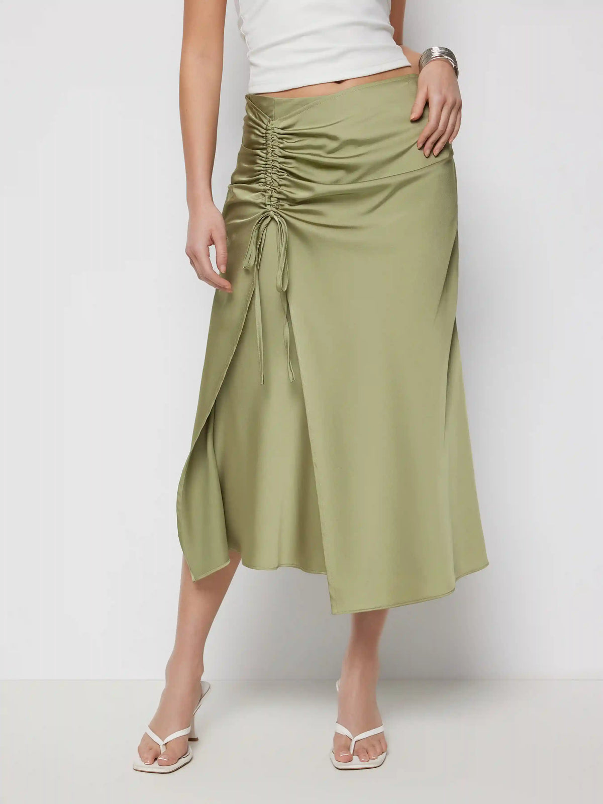 Mid Rise Ruched Drawstring Zipper Mermaid Maxi Skirt