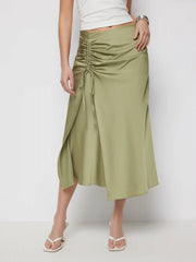 Mid Rise Ruched Drawstring Zipper Mermaid Maxi Skirt