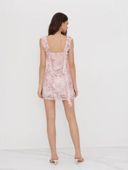 Square Neck Lace Floral Ruffle Hem Ruched Mini Dress