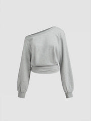 Cotton-blend Asymmetrical Neck Ruched Cinched Waist Sweatshirt