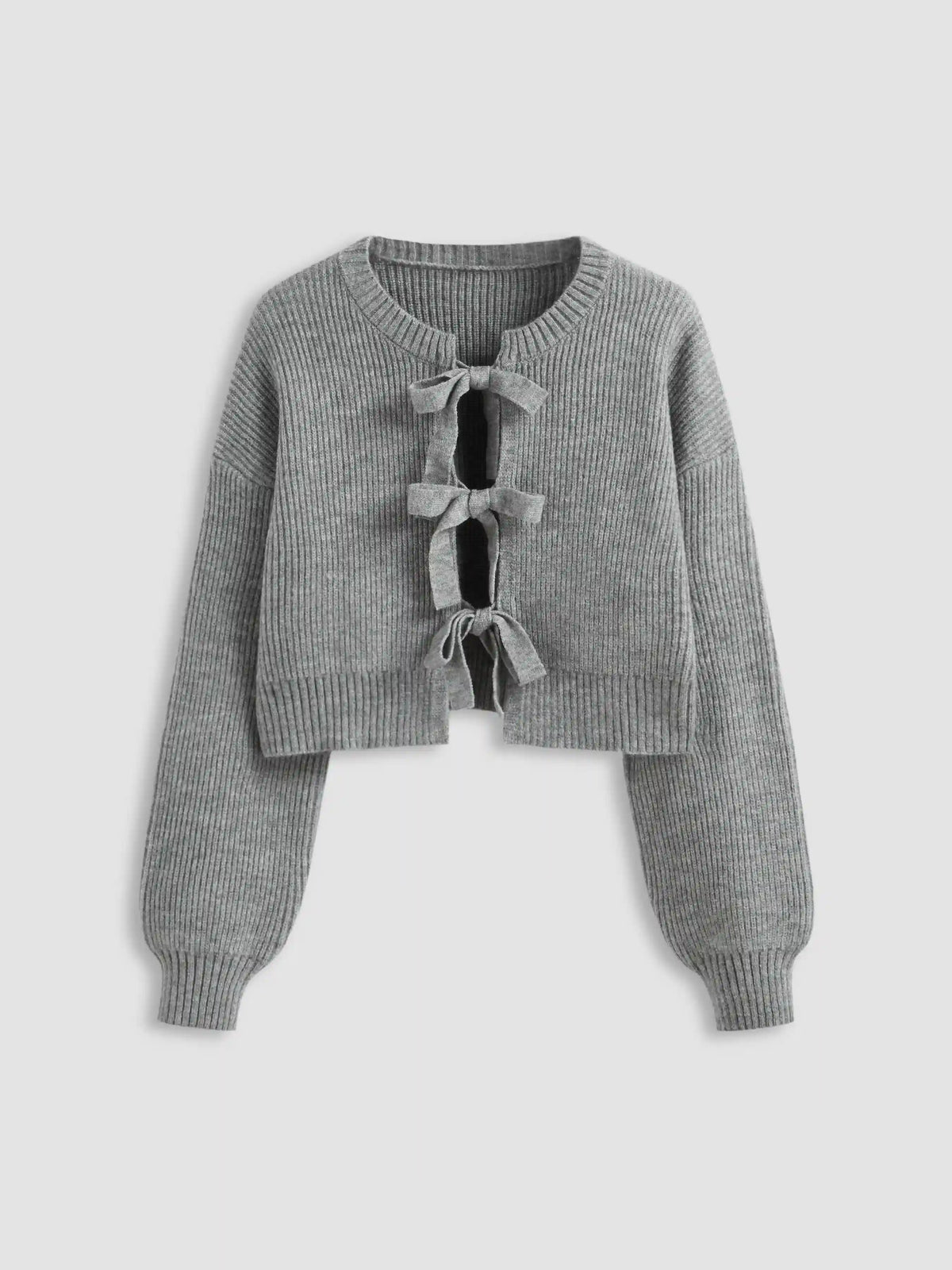 Knit Round Neck Solid Tie Front Bowknot Cardigan