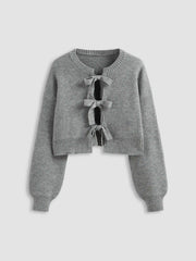 Knit Round Neck Solid Tie Front Bowknot Cardigan