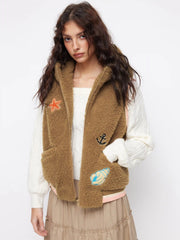 Fleece Marine Life Graphic Hooded Embroidery Zip Through Vest
