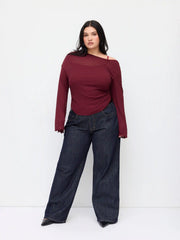 Asymmetrical Neck Ruched Lettuce Trim Tee Curve & Plus