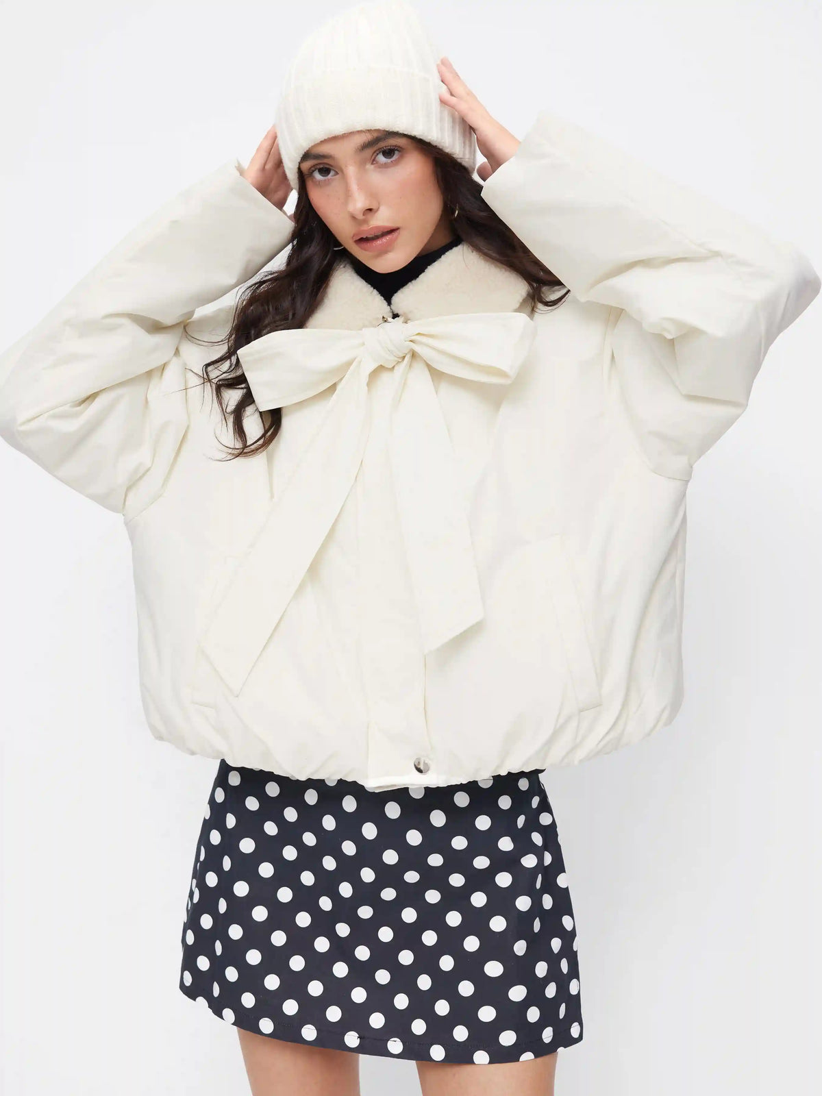 Collar Bowknot Zip Through Oversized Cropped Puffer