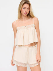 Lace Trim Crop Top & Mid Rise Drawstring Shorts Loungewear Set