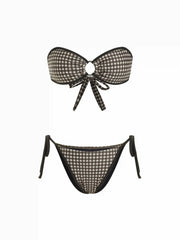 Gingham Sweetheart Cut Out Ring Detail Tie Side Bracelet Bikini Set