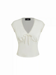 V-neck Lace Trim Ruched Bowknot Crop Blouse