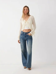 Knit V-Neck Knotted Hollow Out Bell Sleeve Cropped Oversized Top