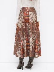 Floral Mid Rise Tribal Print Belted Flared Maxi Skirt