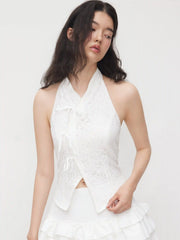 Lace Mandarin Collar Bowknot Split Tank Top