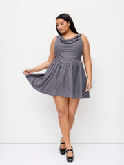 Gingham Cowl Neck Shirred A-line Mini Dress Curve & Plus