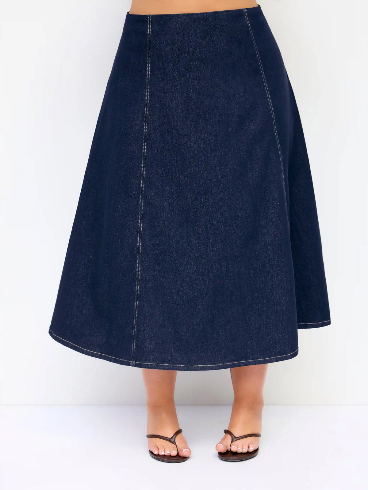 Stretch Denim Washed Mid Rise Oversized Midi A-Line Skirt