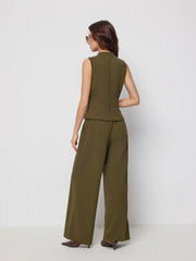V-Neck Wrap Front Ruched Metal Detailed Top & Mid Rise Wide Leg Trousers Set