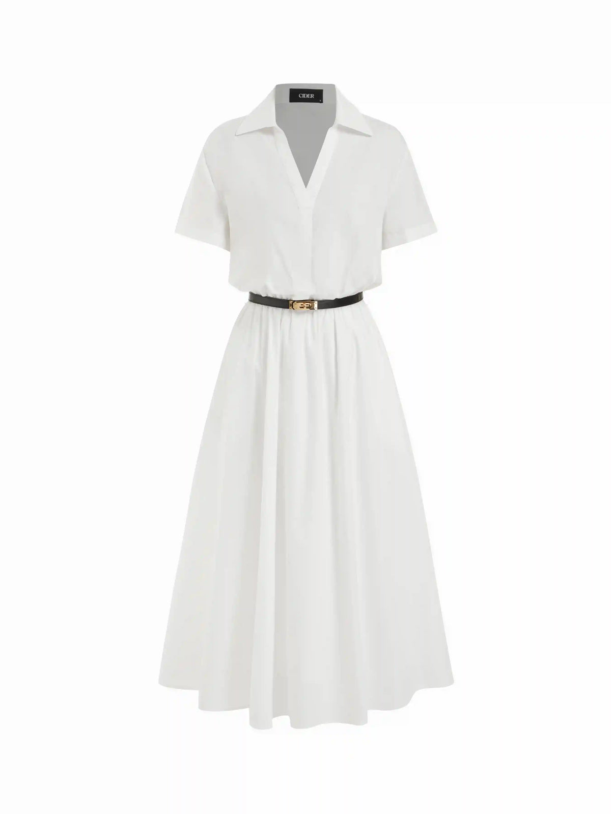 Cotton-blend Collar Shirt Maxi Dress With Metal Detail Belt