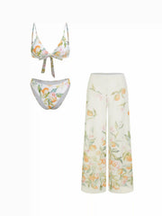 V-neck Fruit Graphic Low Rise Triangle 3 Piece Bikini Set With Pants