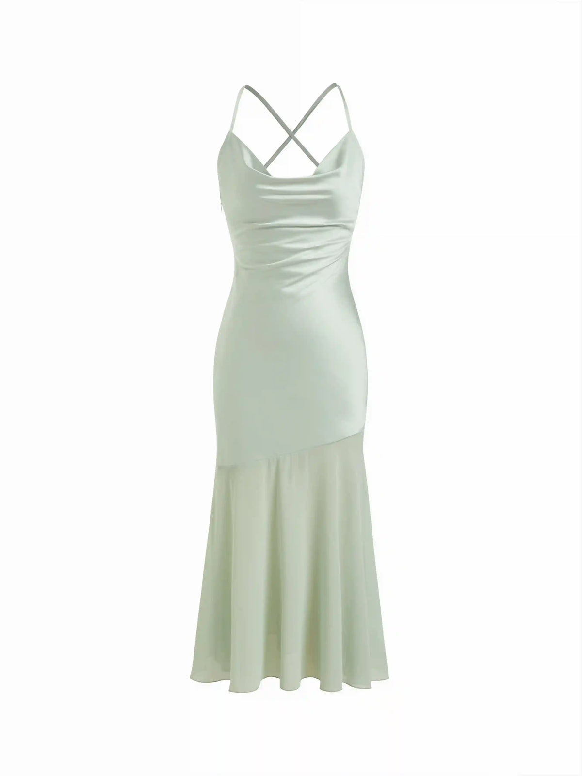 Satin Cowl Neck Ruched Criss Cross Mermaid Maxi Dress
