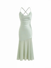 Satin Cowl Neck Ruched Criss Cross Mermaid Maxi Dress