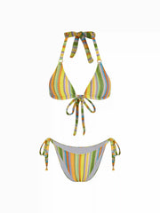 Halter Colorful Stripe Tie Side Bikini Two Piece Set