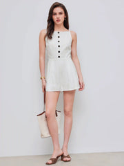 Linen Cotton Boat Neckline Solid Button Romper