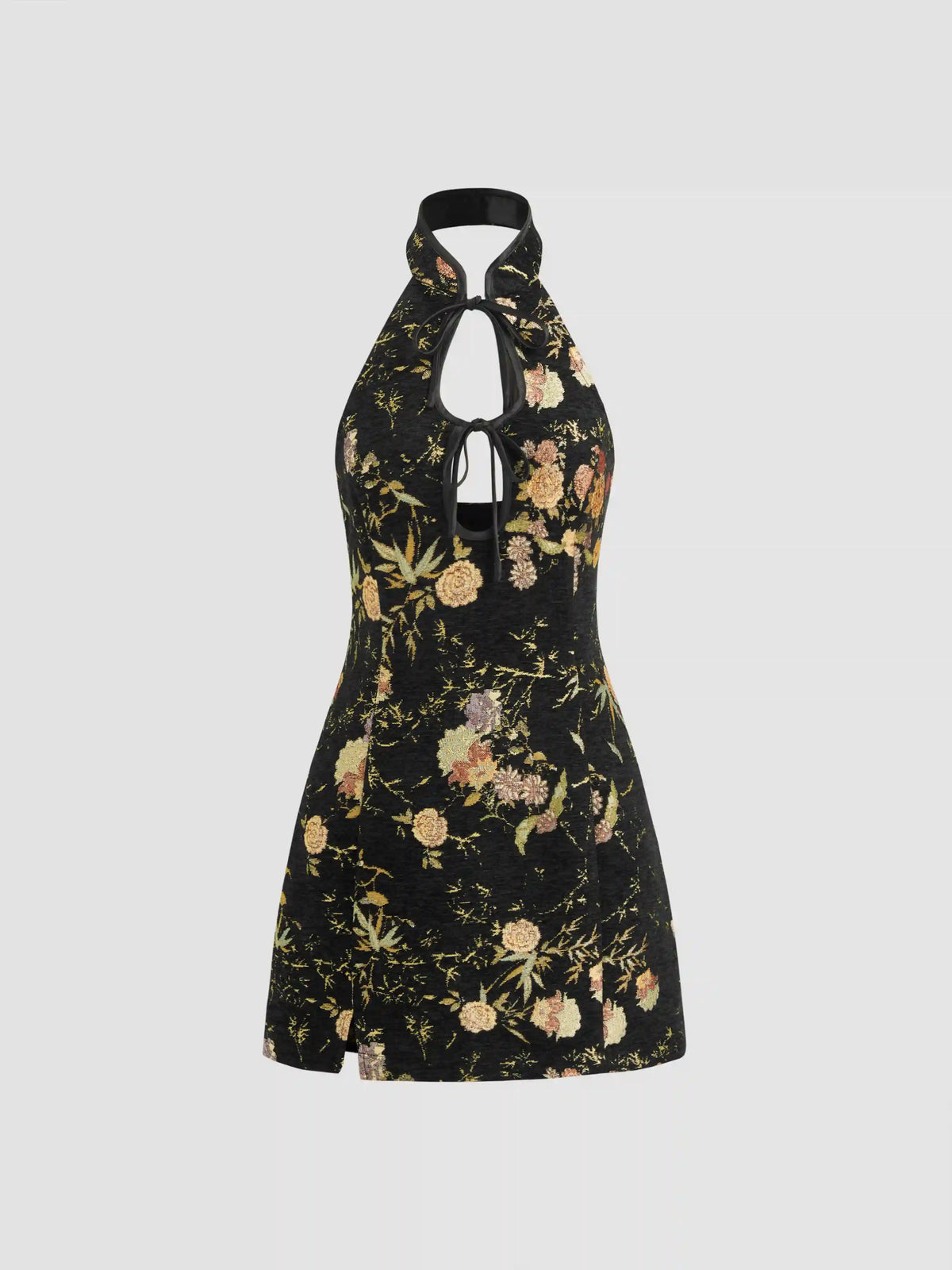 Jacquard Halter Neckline Floral Cut Out Tie Front Mini Dress