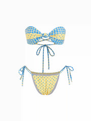 Gingham & Polka Dot High Stretch Halter Tie Side Lace Up Bandeau Bikini Set
