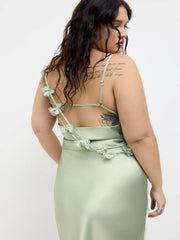 Satin Cowl Neck 3D Floral Ruched Mermaid Maxi Dress Curve & Plus