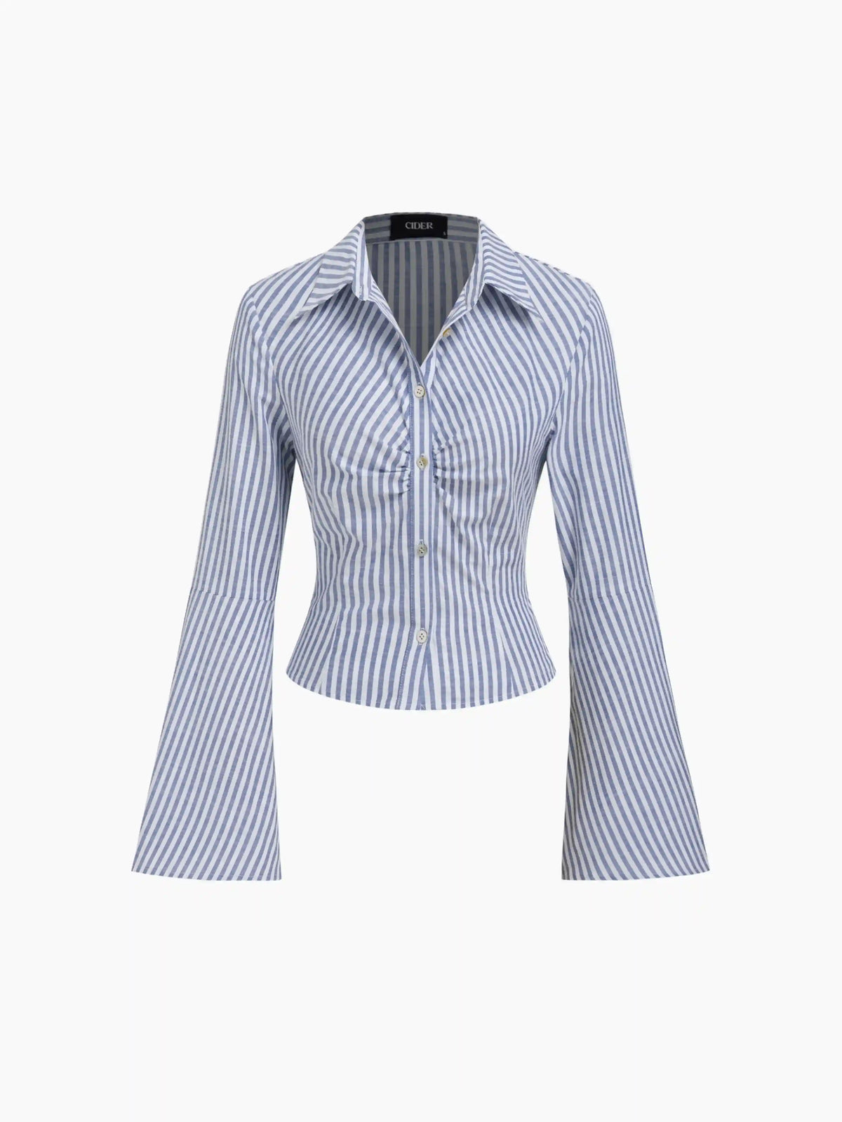 Cotton-blend Collar Stripe Ruched Bell Sleeve Shirt