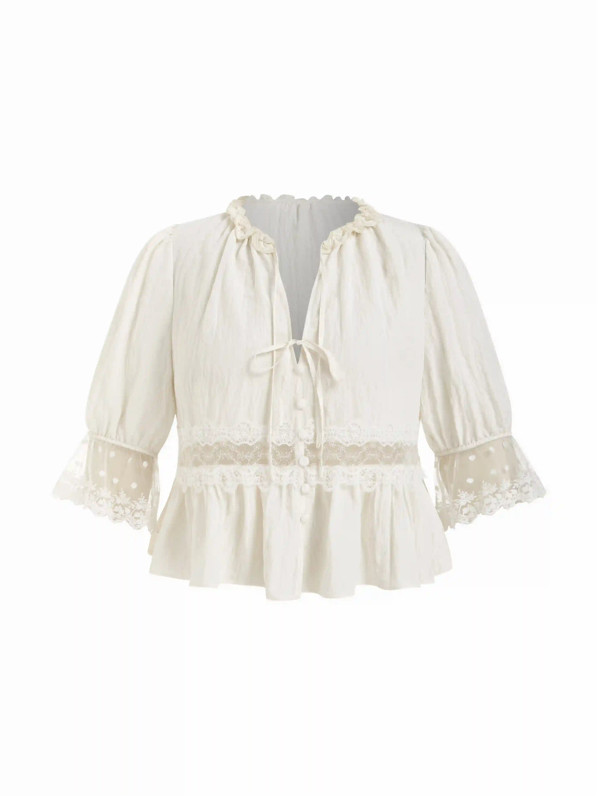Round Neckline Lace Polka Dot Puff Sleeve Blouse Curve & Plus