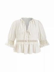 Round Neckline Lace Polka Dot Puff Sleeve Blouse Curve & Plus
