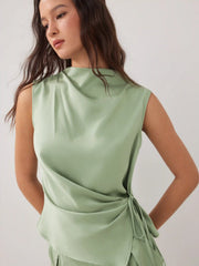 Satin Stand Collar Wraped Knotted Top & Mid Rise Bloomer Pants Set