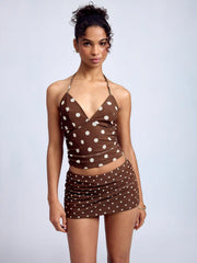 Polka Dot Halter Neckline Ruched Top & Mid Rise Mini Bodycon Skirt Set