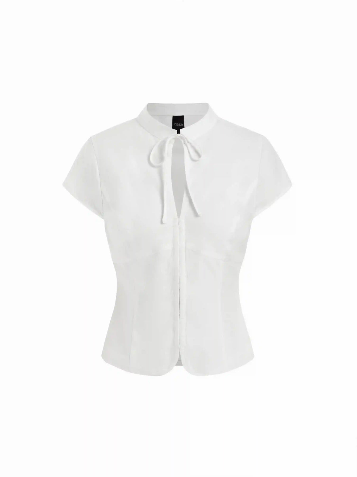 Linen-blend Stand Collar Stripe Cut Out Knotted Blouse