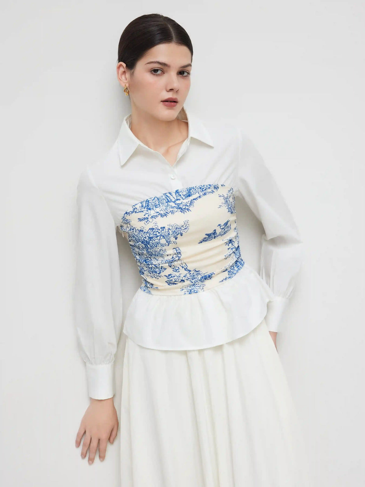 Cotton-blend V-neck Toile de Jouy Ruched Long Sleeve Blouse