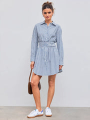 Cotton-blend Collar Striped Shirred Button Mini Shirt Dress